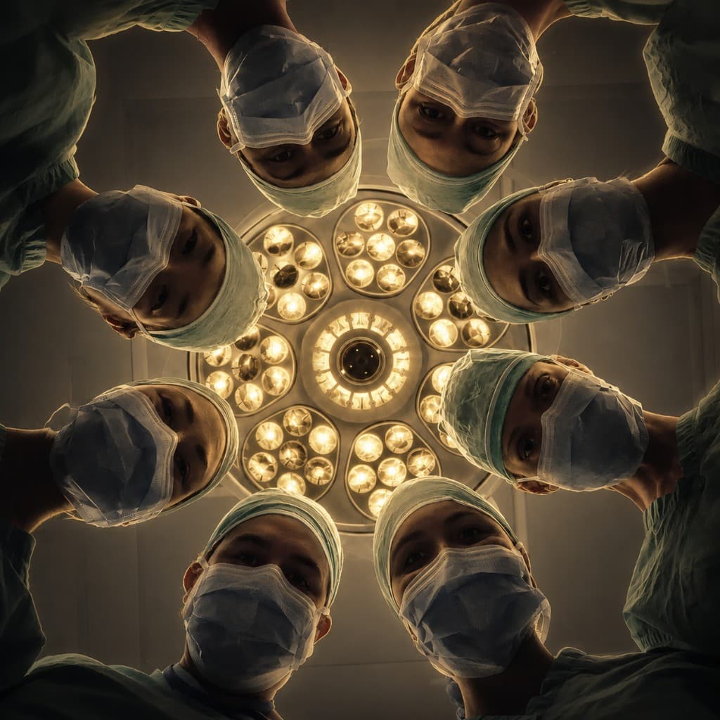 Surgical team overhead view in a gold-lit operating room