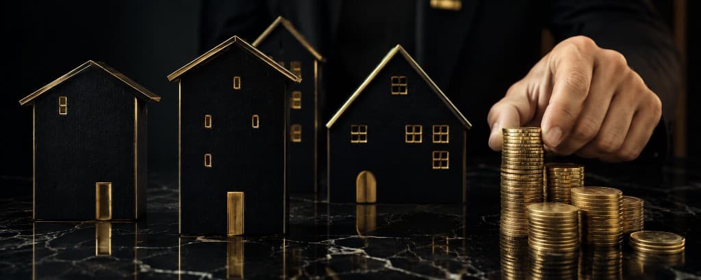 Black and gold miniature house models with growing stacks of gold coins on marble, representing long-term capital and durable growth