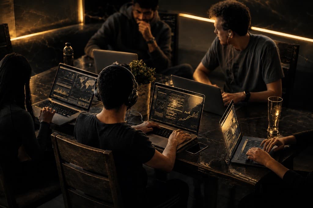 Technology team collaborating in a gold-lit workspace