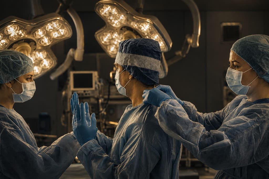 Surgical team preparing in a gold-lit operating room